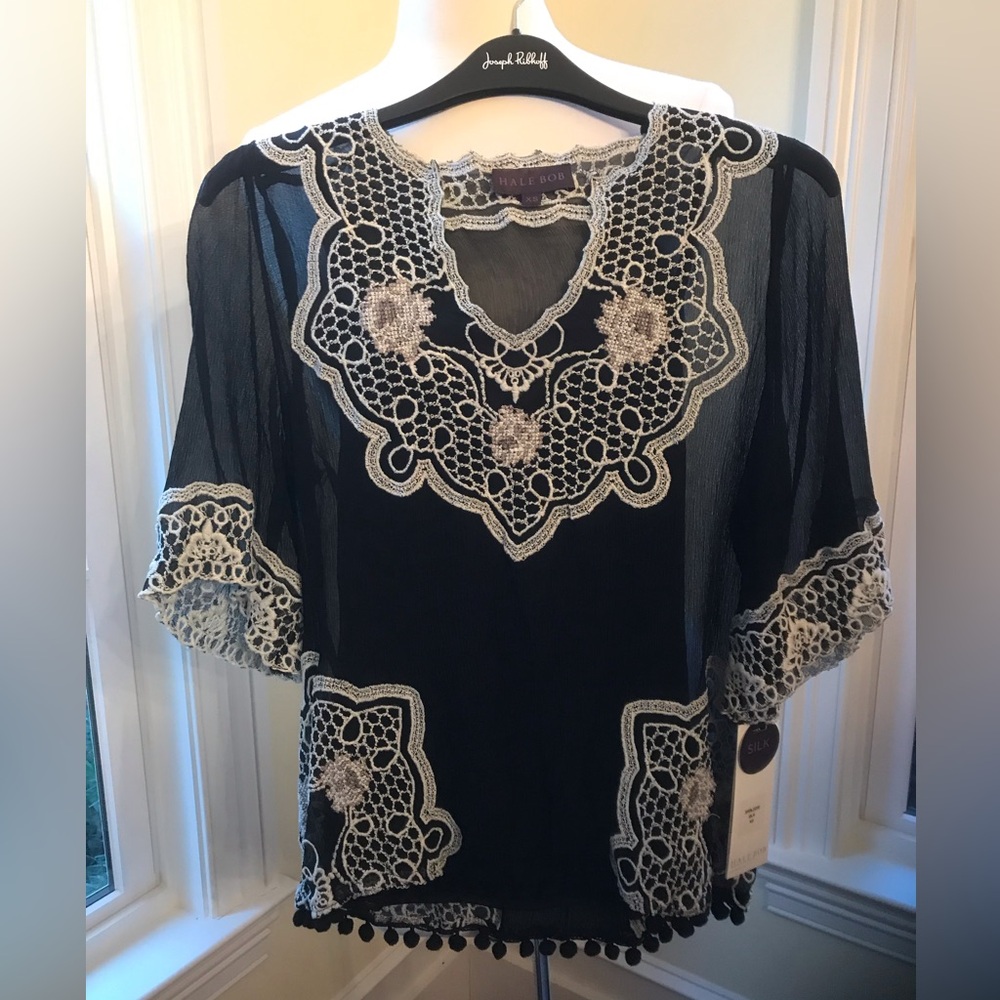 Hale Bob Boho Silk Top in Black with Embroidered Ivory Lace Applique Details